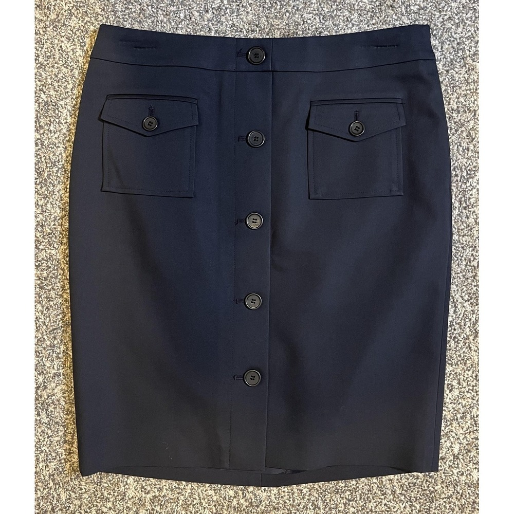 Ann Taylor Skirt Womens 6P Navy Blue Button Front Pencil Lined Pockets Career